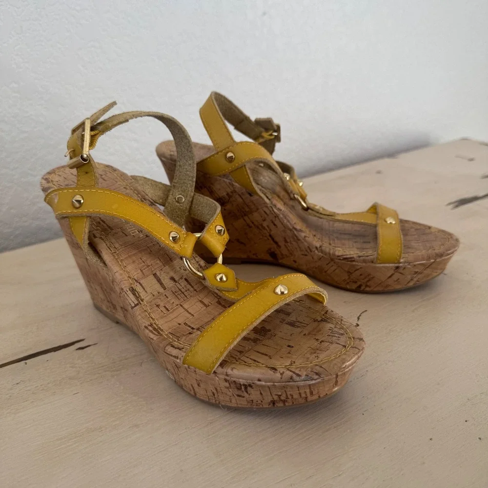Montego Bay Yellow Wedge Sandals Cork Sole Studded Ankle Strap Women's Size‎ 7